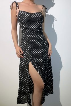 French Vintage Sexy Strapless Lace-Up Black and White Polka Dot Slim-Fit Long Camisole Dress - Y2K Style