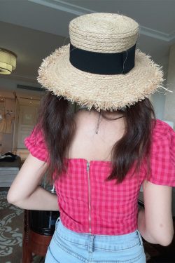 French Vintage Square Neck Puff Sleeve Raspberry Pink Short Sleeve Top - 2024 Spring/Summer Vacation Style