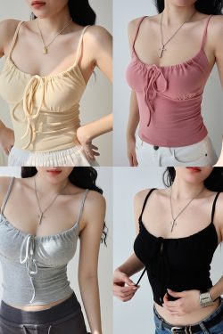 Front Pleated Tie Strap Tank Top for Girls - Slim Fit, Waist-Defining, Short Base Layer - European and American Style