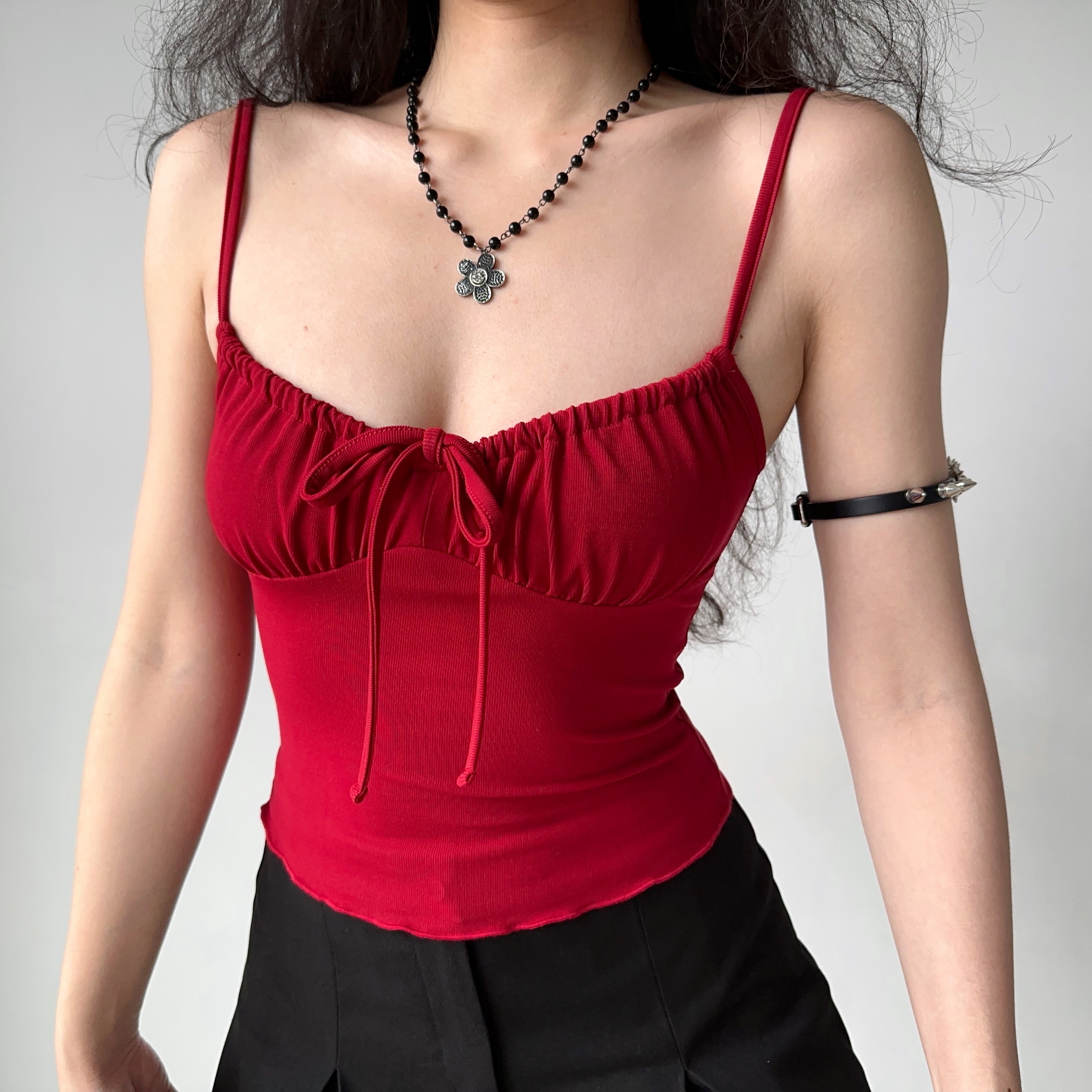 Front Pleated Tie Strap Tank Top for Women - Slim Fit Summer Style, European & American Inspired
