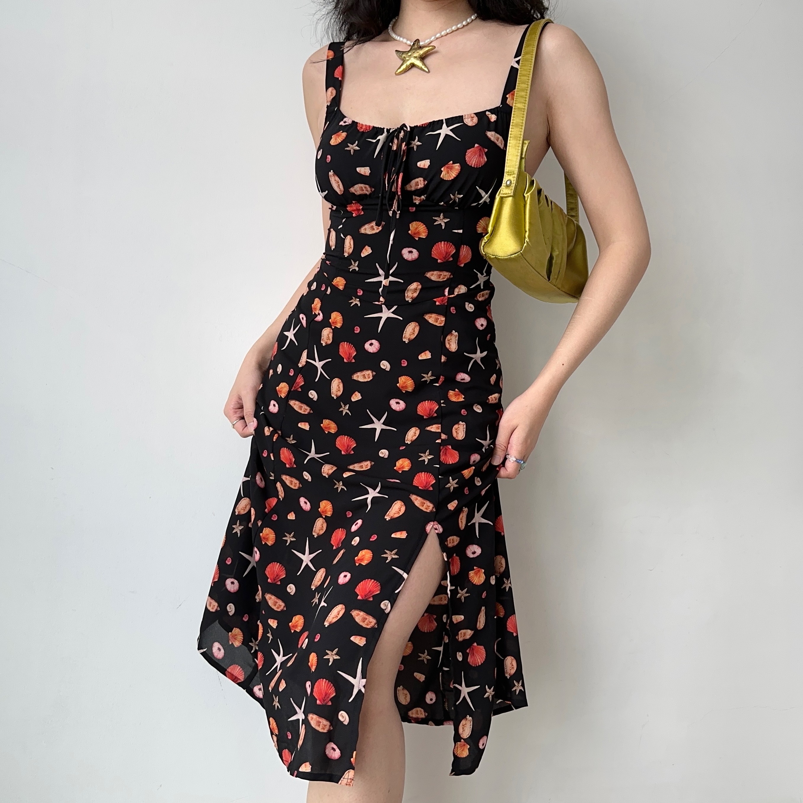 Front Tie Beach Printed Camisole Dress - Summer Mid-Length Split Dress in European and American Style, Perfect for Vacation or Casual Outings
