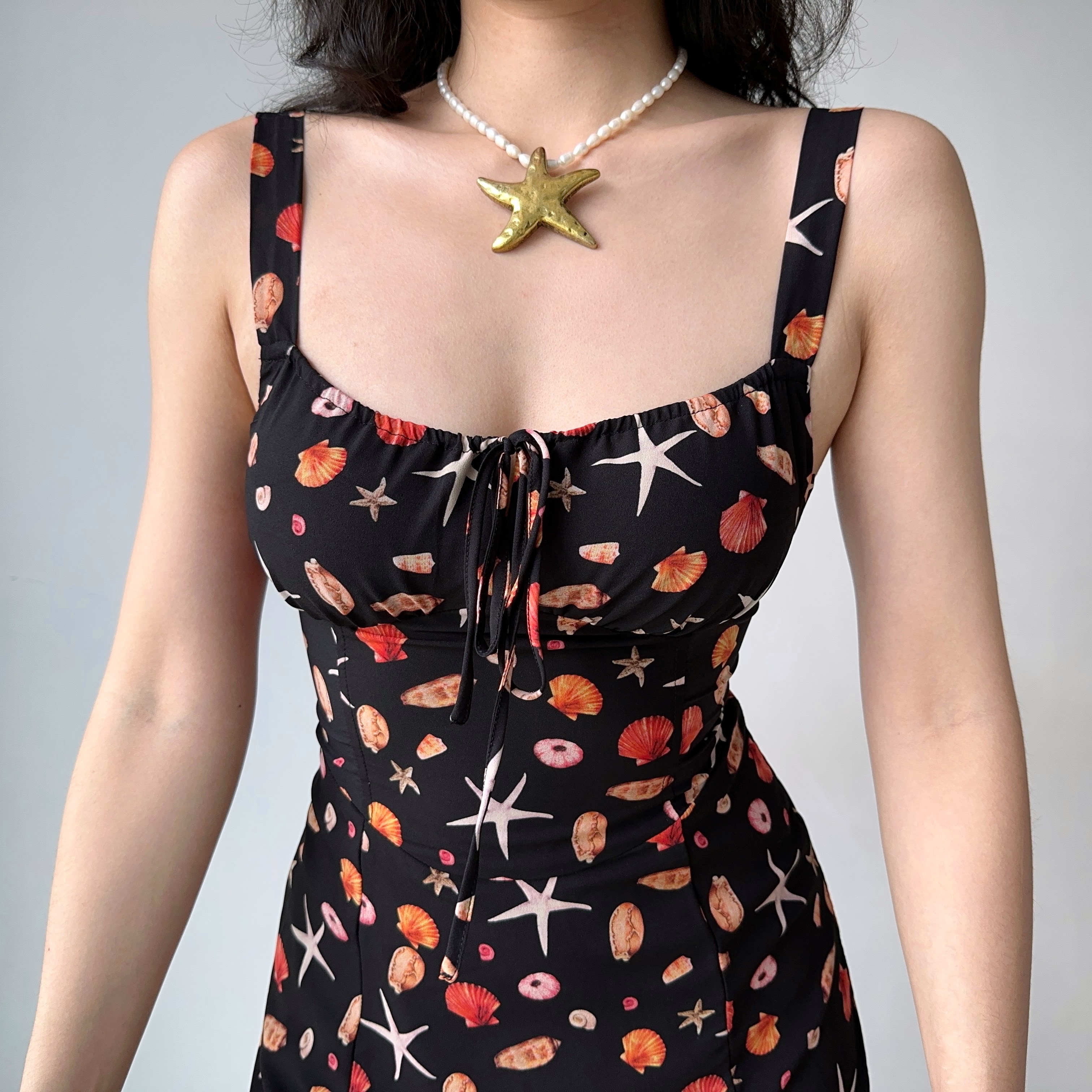 Front Tie Beach Printed Camisole Dress - Summer Mid-Length Split Dress in European and American Style, Perfect for Vacation or Casual Outings