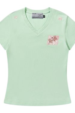 Guava Series Fun Little Embroidered Stretch Slim Fit V-Neck Short Sleeve T-Shirt for Women - Y2K Inspired Fashion Top