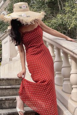 Handmade 2025 Spring/Summer French Polka Dot Ruffled Waist Slip Dress - Long Skirt Women's Vacation Fashion