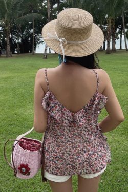 Handmade Ruffled V-Neck Floral Camisole for Women - Summer 2025 Ultra-Fairy Vacation Top in 90s Inspired Style