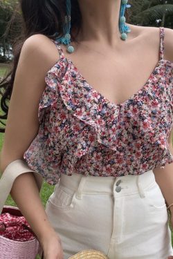 Handmade Ruffled V-Neck Floral Camisole for Women - Summer 2025 Ultra-Fairy Vacation Top in 90s Inspired Style