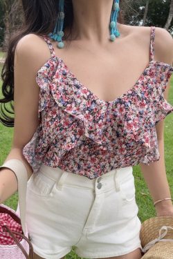 Handmade Ruffled V-Neck Floral Camisole for Women - Summer 2025 Ultra-Fairy Vacation Top in 90s Inspired Style