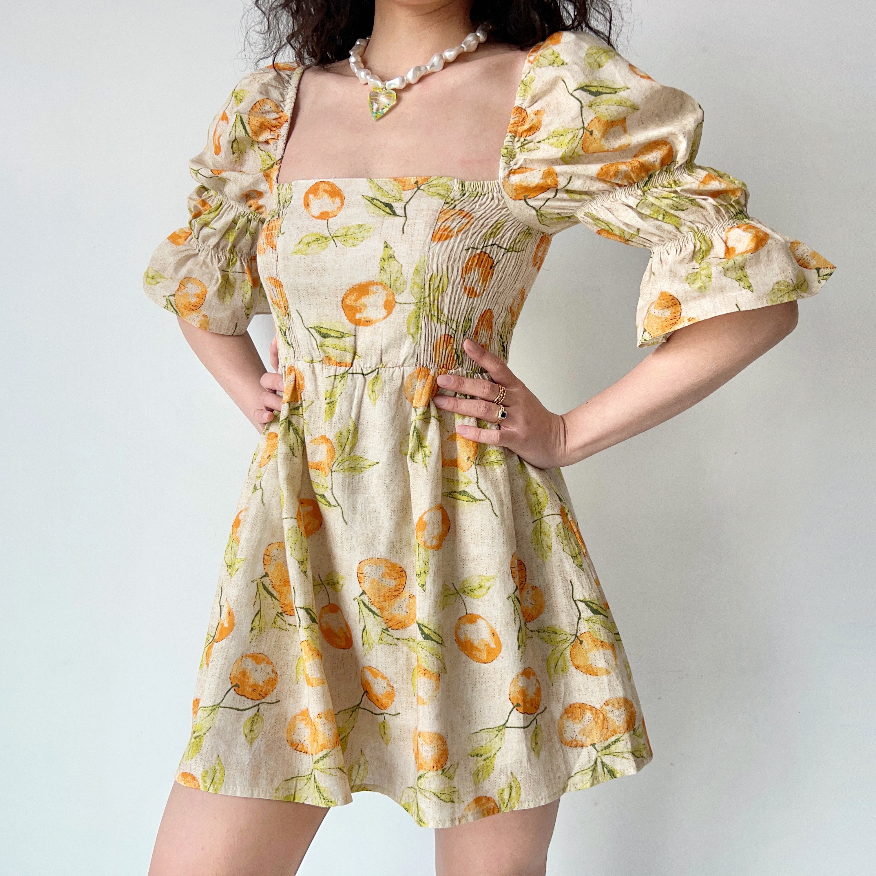 Handmade Vintage Distressed Fruit Print Square Neck Puff Sleeve Dress - Perfect for 90s and Y2K Inspired Fashion