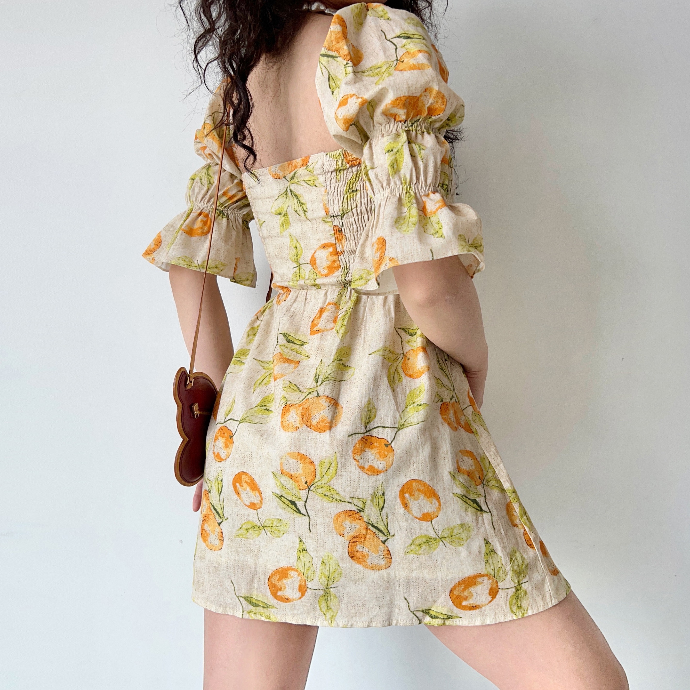 Handmade Vintage Distressed Fruit Print Square Neck Puff Sleeve Dress - Perfect for 90s and Y2K Inspired Fashion