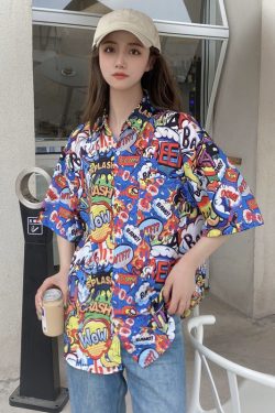 Hawaiian Floral Short Sleeve Shirt for Women - Loose Fit Beach Top in Hong Kong Style for Seaside Vacation