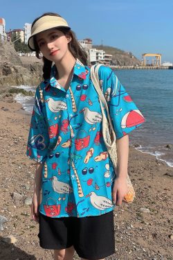 Hawaiian Floral Short Sleeve Shirt for Women - Loose Fit Beach Top in Hong Kong Style for Seaside Vacation