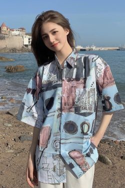 Hawaiian Floral Short Sleeve Shirt for Women - Loose Fit Beach Top in Hong Kong Style for Seaside Vacation