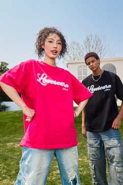 Heavyweight American Vintage Pearl Letter Print Short Sleeve T-Shirt Unisex Loose Fit 2025 Summer Streetwear
