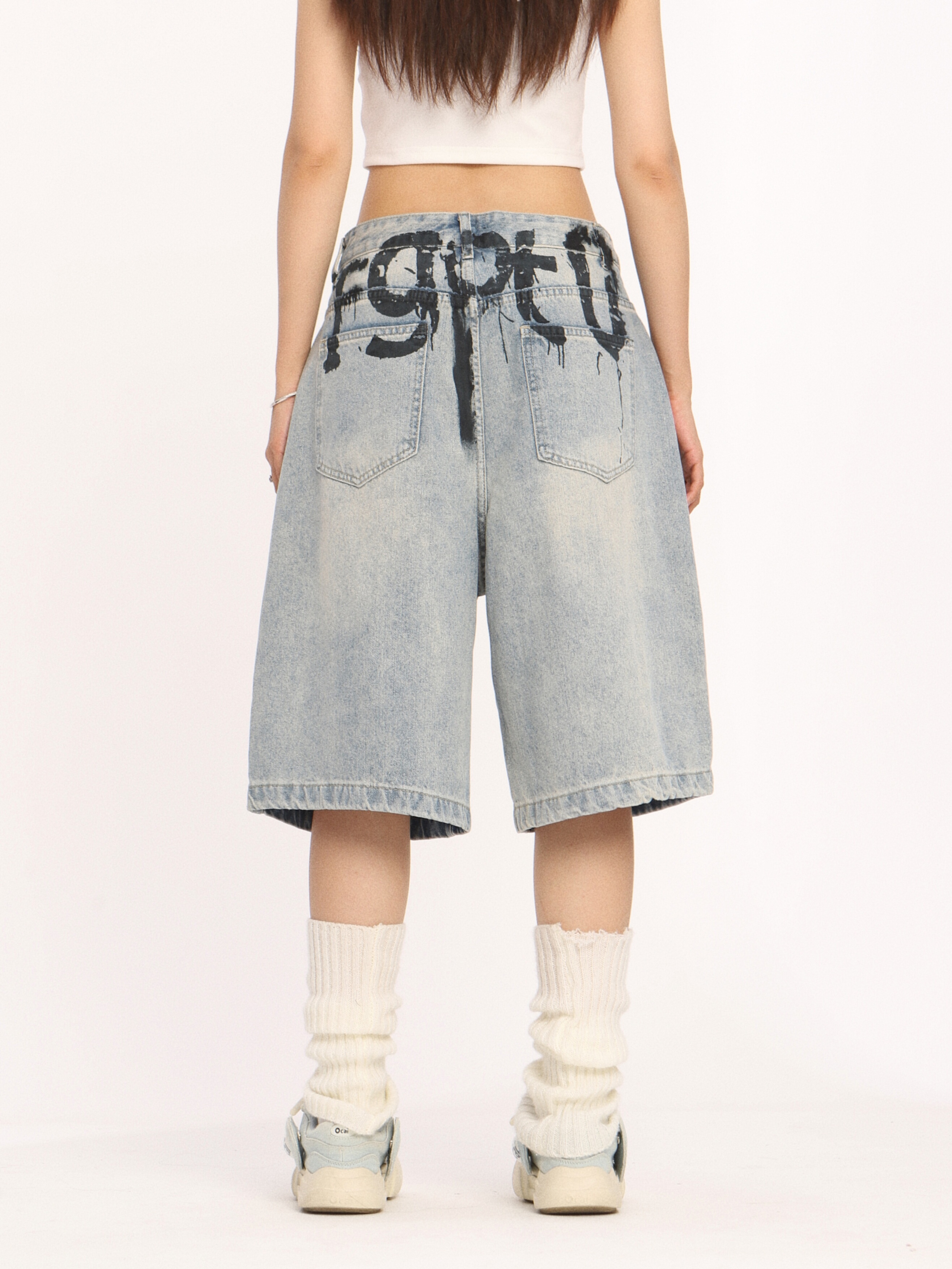 High-End American-Style Ink Spray Blue Jeans - Niche Design Straight Wide-Leg Cropped Pants for Trendy Casual Wear