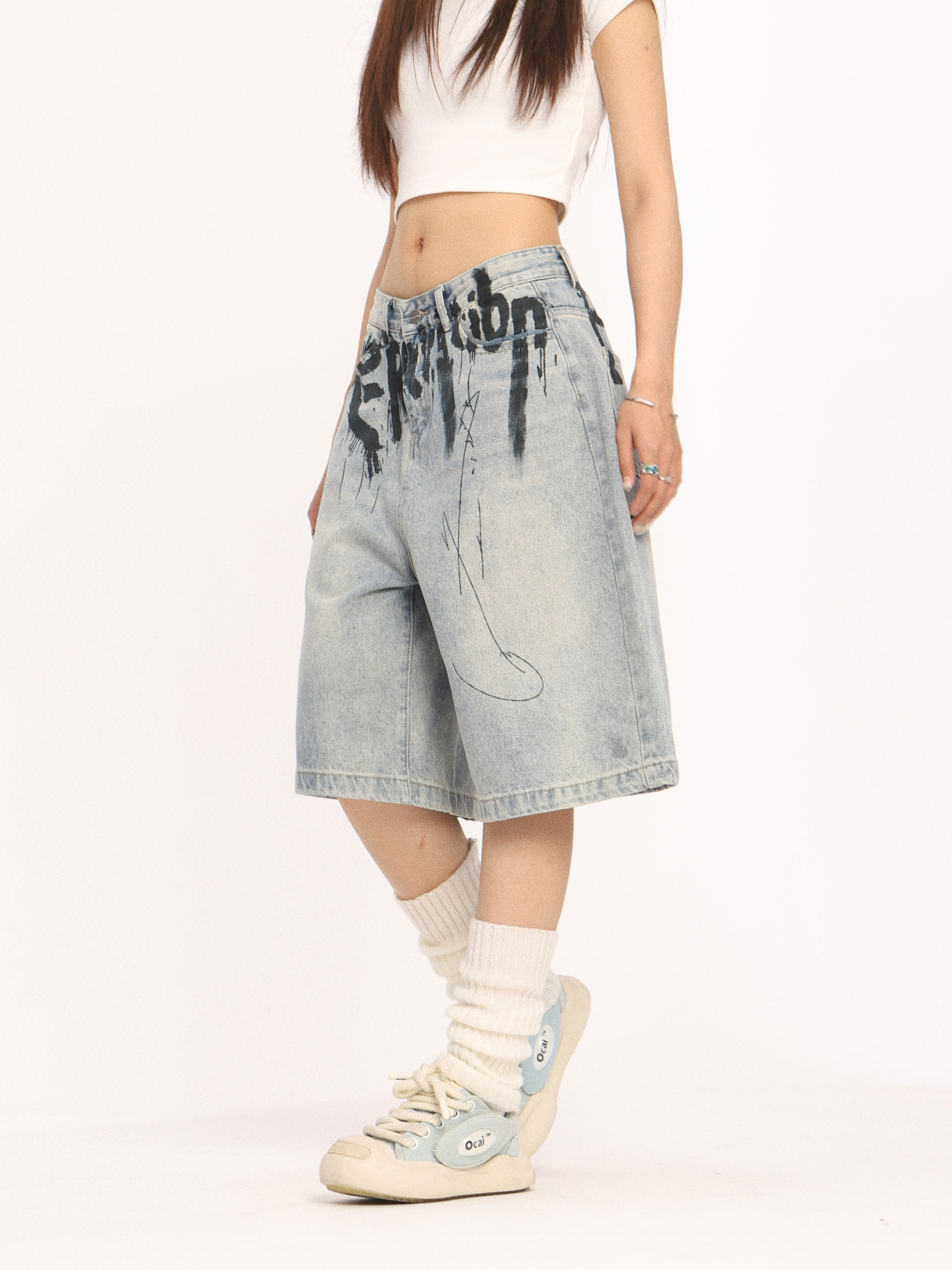 High-End American-Style Ink Spray Blue Jeans - Niche Design Straight Wide-Leg Cropped Pants for Trendy Casual Wear