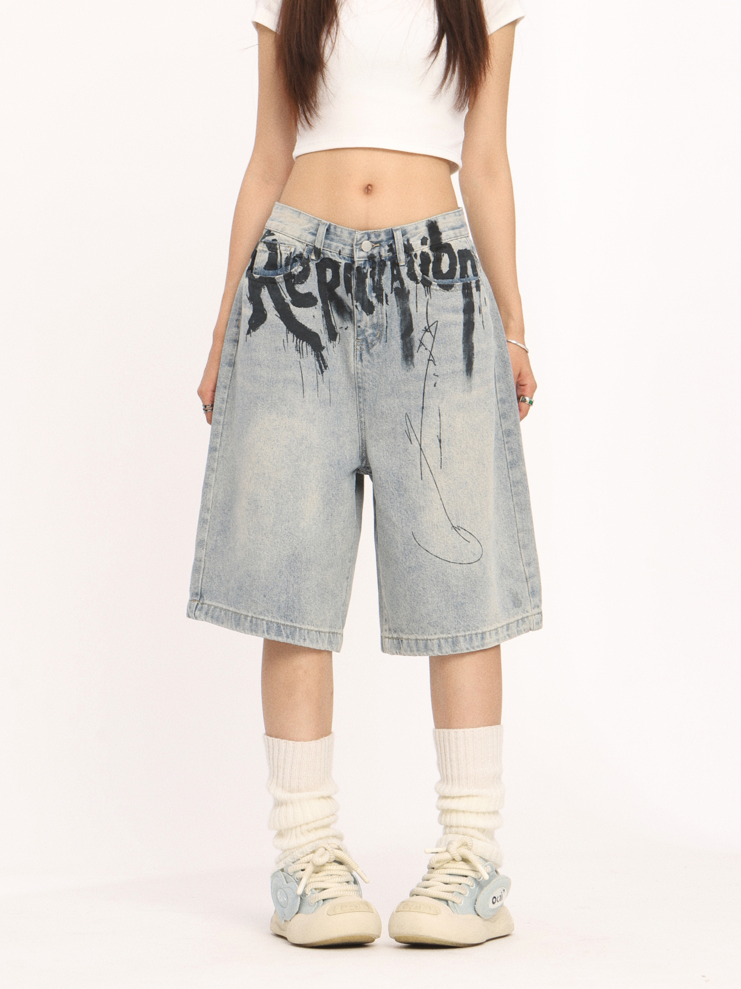 High-End American-Style Ink Spray Blue Jeans - Niche Design Straight Wide-Leg Cropped Pants for Trendy Casual Wear