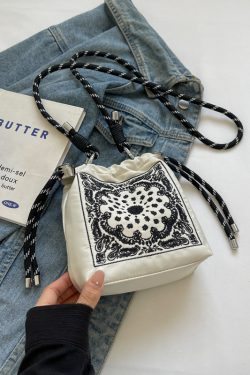 High-End Embroidered Canvas Bucket Bag for Women - Summer 2025 Drawstring Crossbody Phone Bag, Casual Style