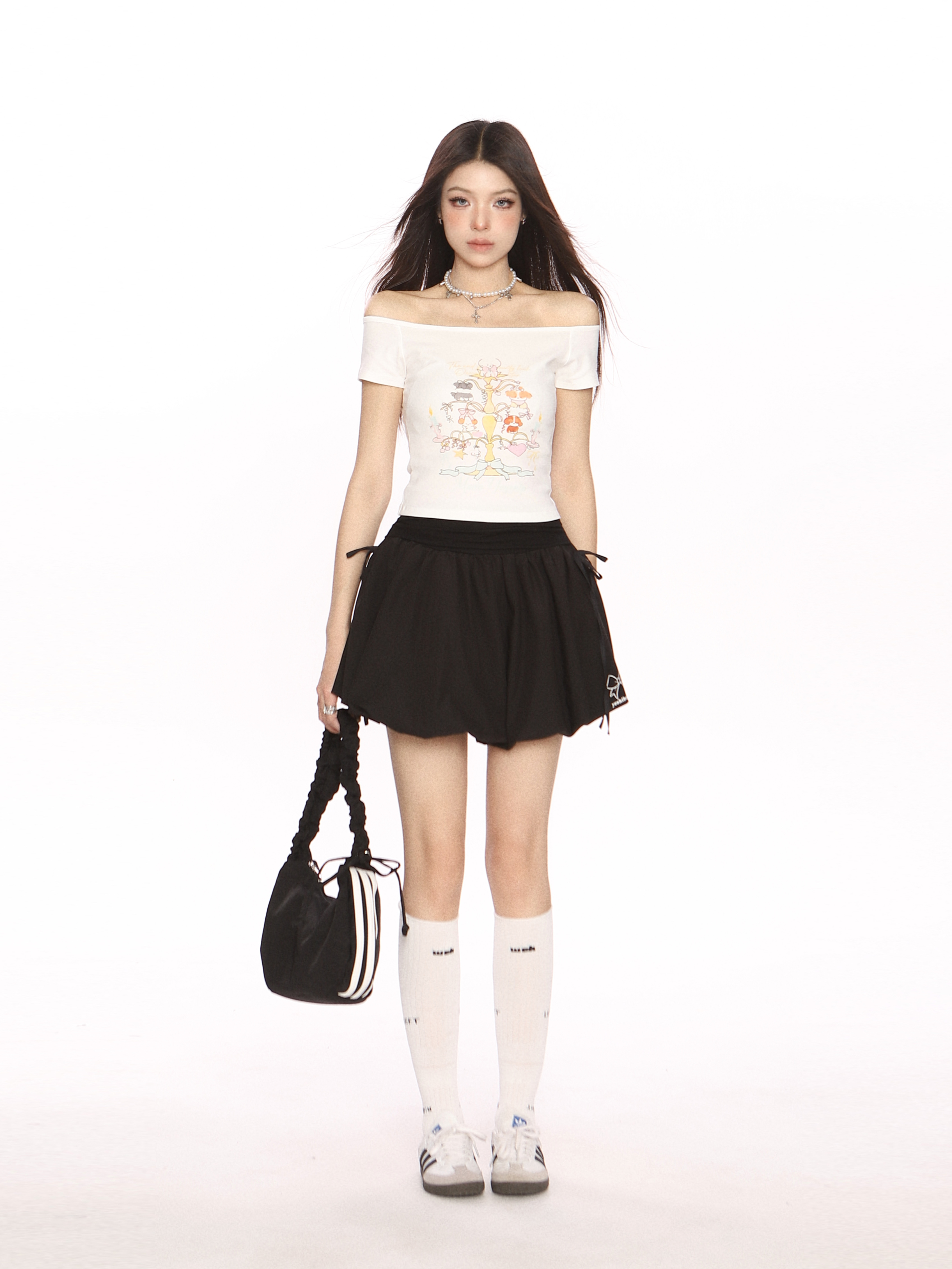 High Waist College Style Floral Puff Skirt - Women's A-Line Slim Fit Drawstring Short Skirt, 90s Inspired Ballet Style