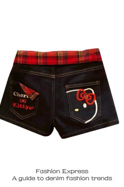 High-Waisted Red Plaid Splicing Short Shorts with Hello Kitty Embroidery - American Retro High Street Hot Girl Summer Style