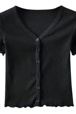 High-Waisted Slim Fit V-Neck Ruffled Edge Button-Up Short Sleeve T-Shirt Cardigan for Women – American Style Fashion Essential