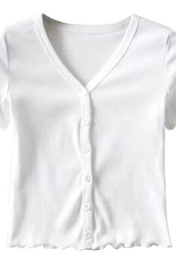 High-Waisted Slim Fit V-Neck Ruffled Edge Button-Up Short Sleeve T-Shirt Cardigan for Women – American Style Fashion Essential