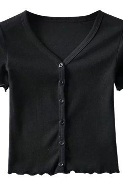 High-Waisted Slim Fit V-Neck Ruffled Edge Button-Up Short Sleeve T-Shirt Cardigan for Women – American Style Fashion Essential
