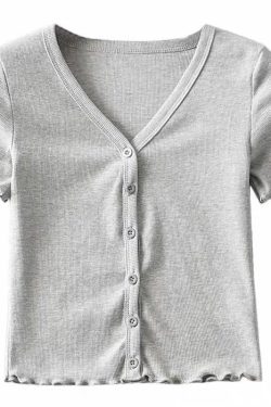 High-Waisted Slim Fit V-Neck Ruffled Edge Button-Up Short Sleeve T-Shirt Cardigan for Women – American Style Fashion Essential