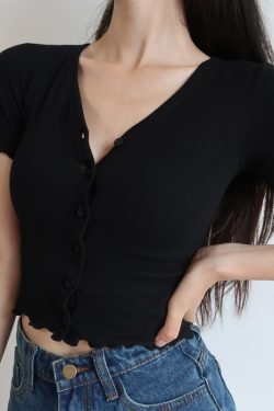 High-Waisted Slim Fit V-Neck Ruffled Edge Button-Up Short Sleeve T-Shirt Cardigan for Women – American Style Fashion Essential