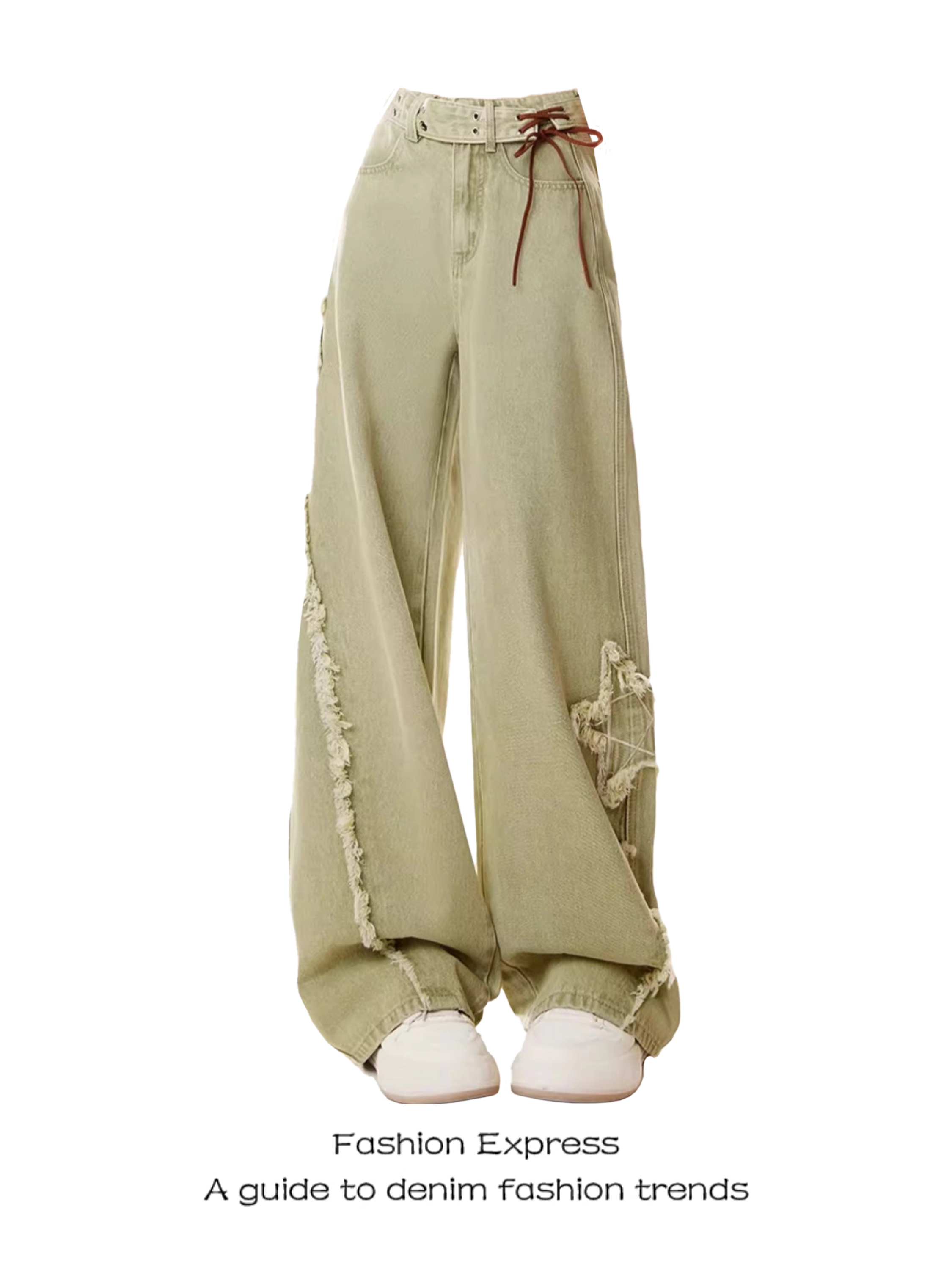 High-Waisted Wide-Leg Green Jeans for Women, American Retro Style, Loose-Fitting, Slimming, Trendy Spring 2025 Design