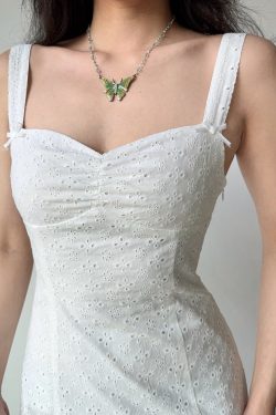 Hollow Embroidery White Spaghetti Strap Dress for Women - Slim Fit Summer Dress in European American Style