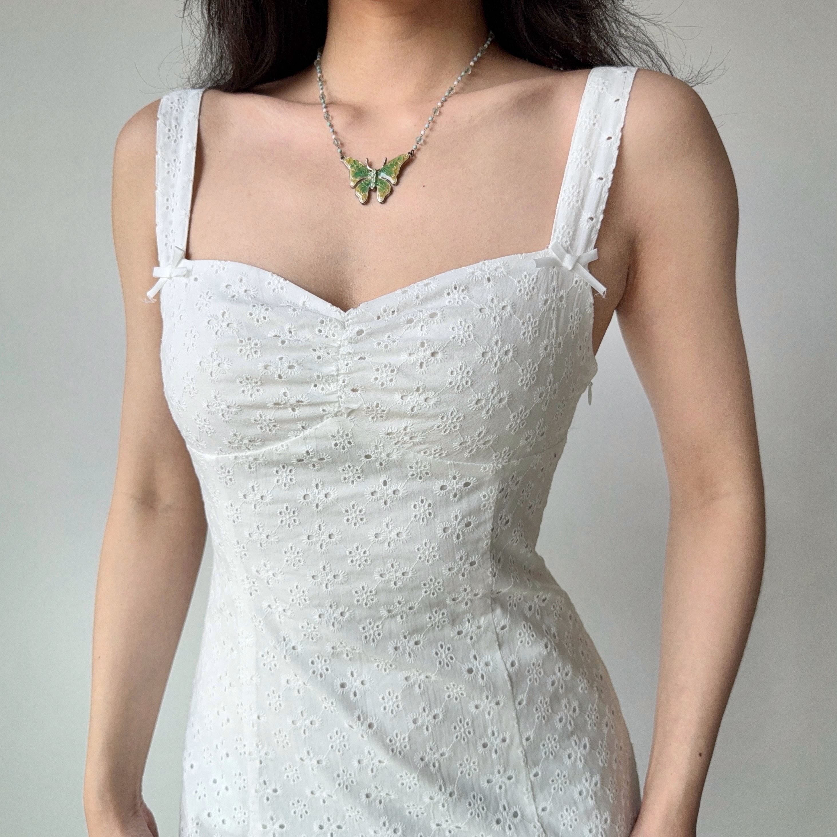 Hollow Embroidery White Spaghetti Strap Dress for Women - Slim Fit Summer Dress in European American Style