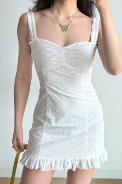 Hollow Embroidery White Spaghetti Strap Dress for Women - Slim Fit Summer Dress in European American Style