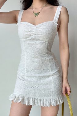 Hollow Embroidery White Spaghetti Strap Dress for Women - Slim Fit Summer Dress in European American Style