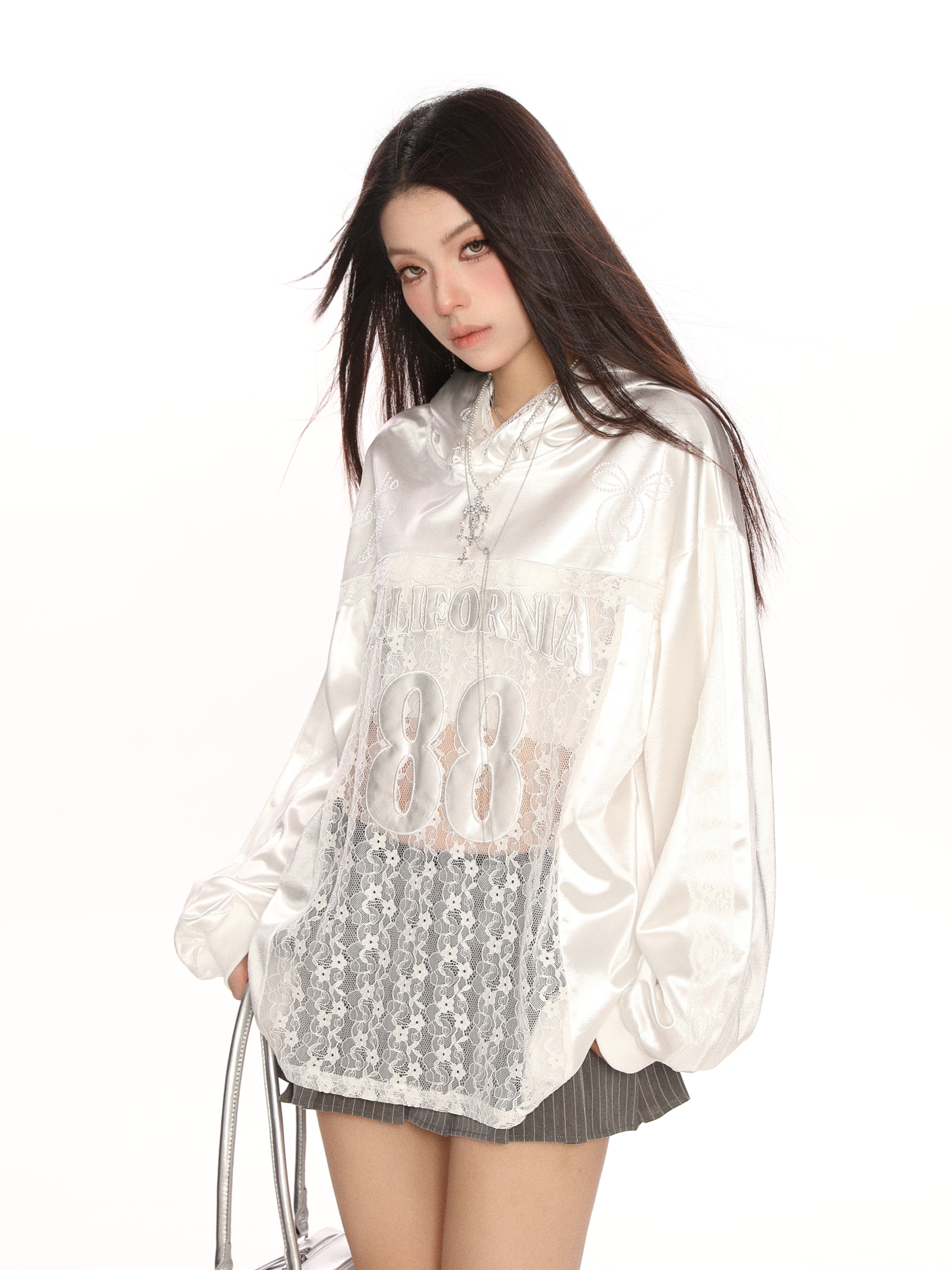 Hollow Lace Baseball Jacket for Women – Spring Loose Raglan Top, Trendy Hot Girl Jersey, Casual Street Style