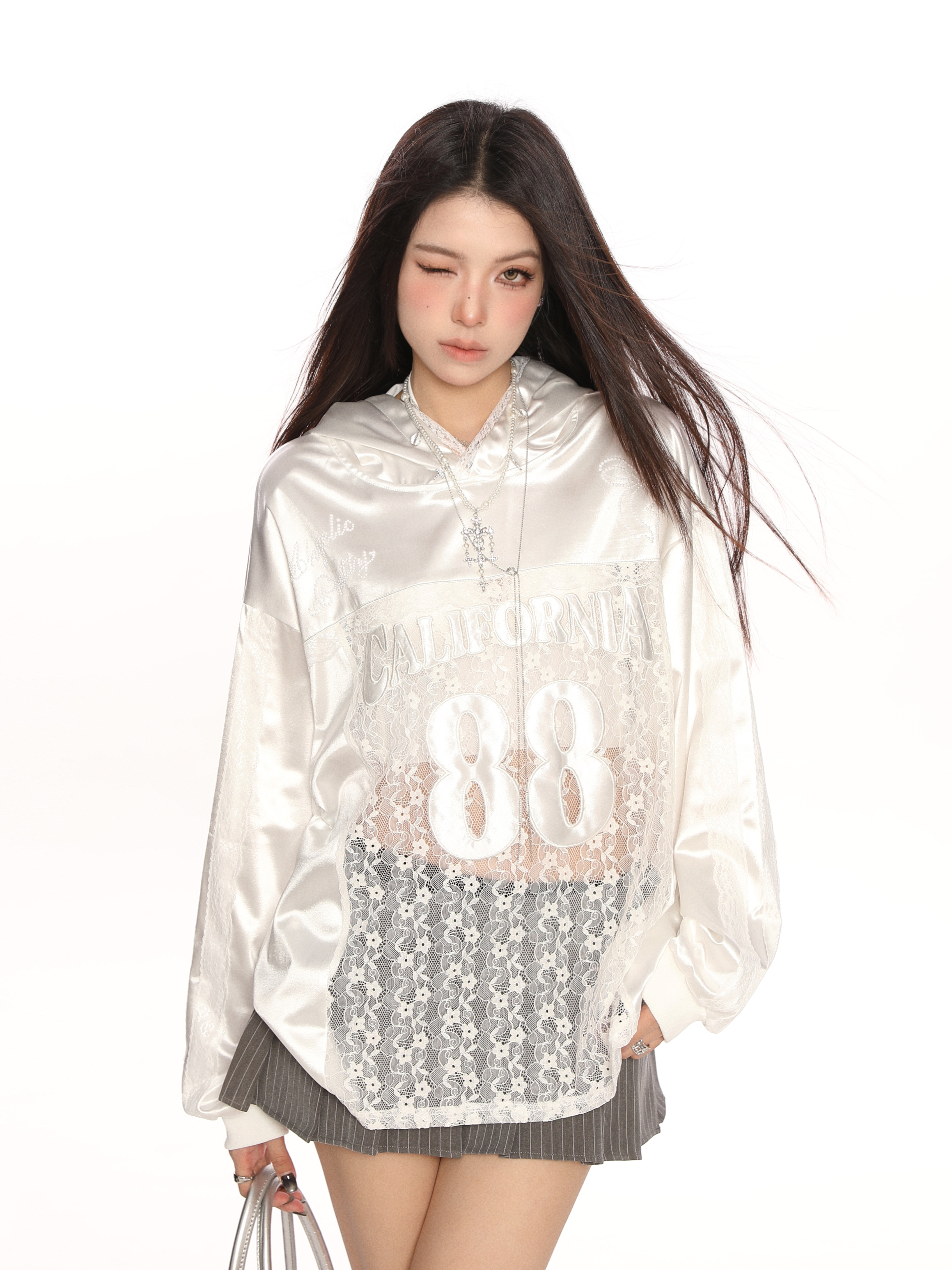 Hollow Lace Baseball Jacket for Women – Spring Loose Raglan Top, Trendy Hot Girl Jersey, Casual Street Style