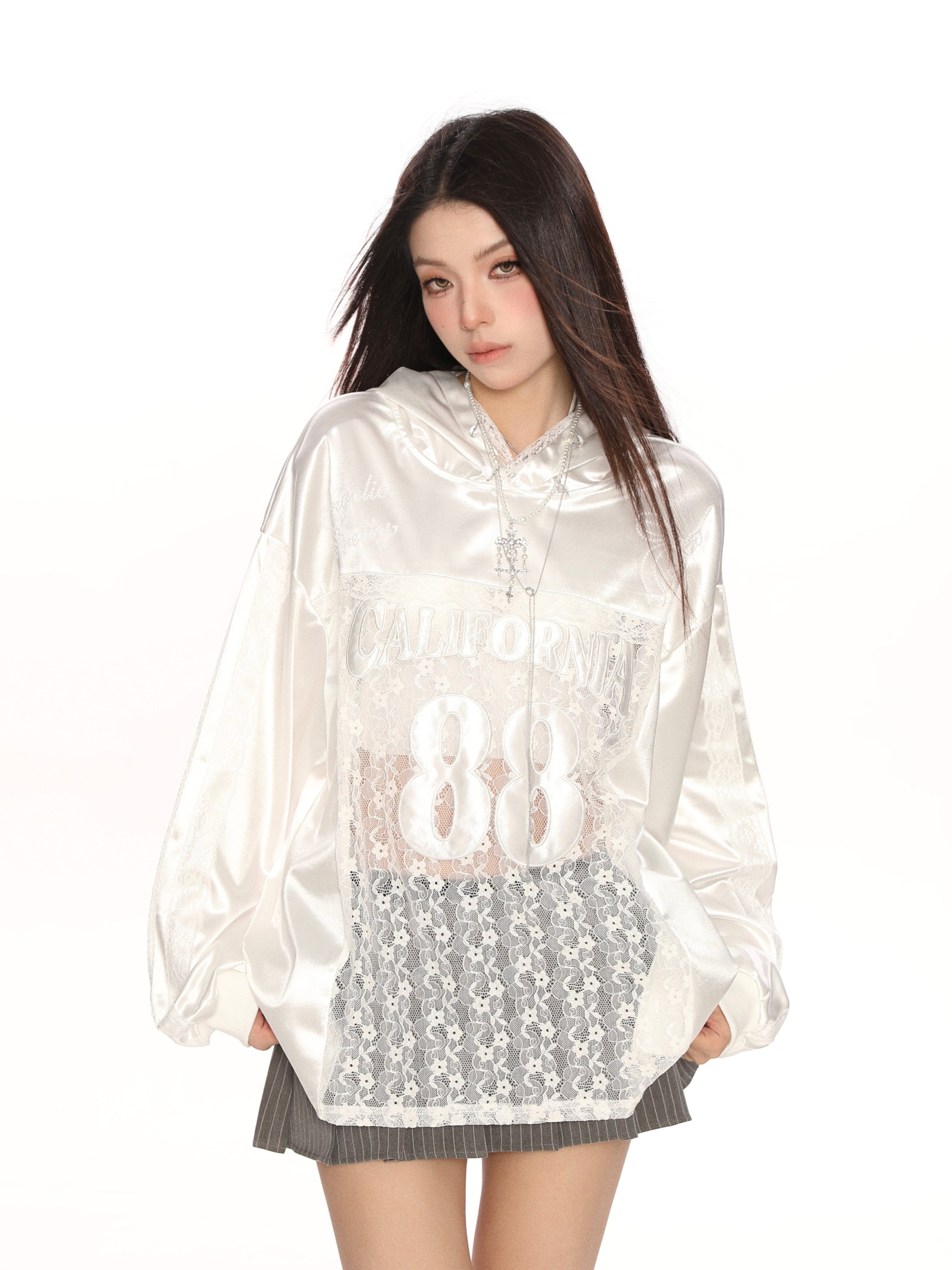 Hollow Lace Baseball Jacket for Women – Spring Loose Raglan Top, Trendy Hot Girl Jersey, Casual Street Style