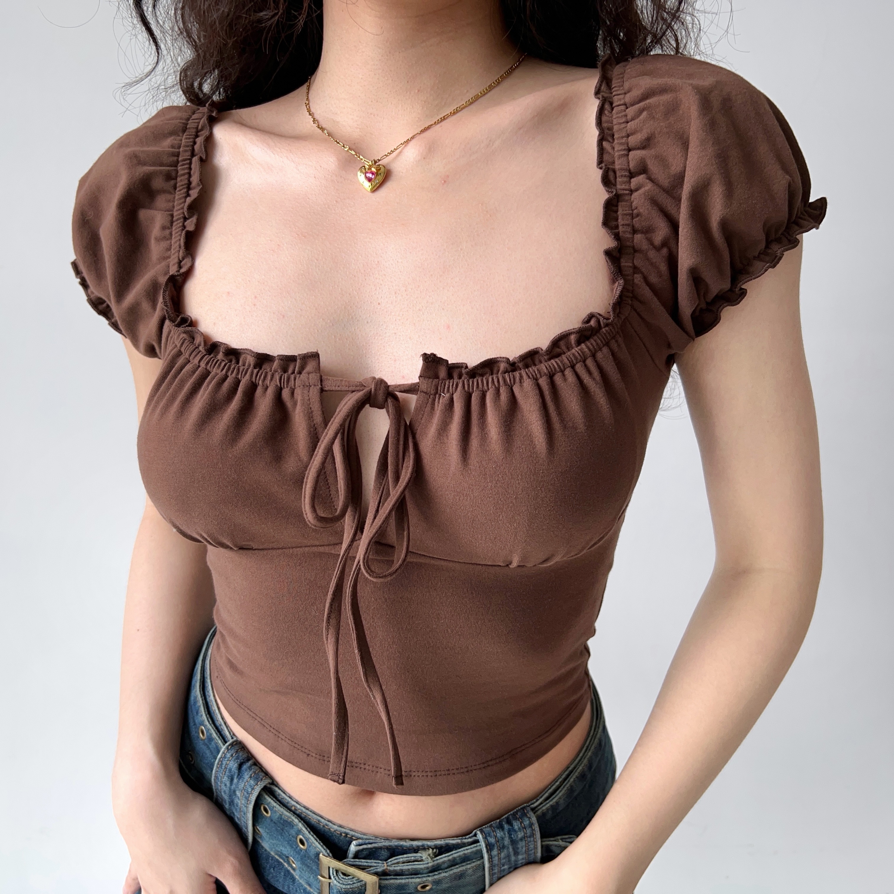 Hollow-Out Lace-Up Square Neck Puff Sleeve Short Sleeve T-Shirt for Women - European & American Style Slim Fit Top