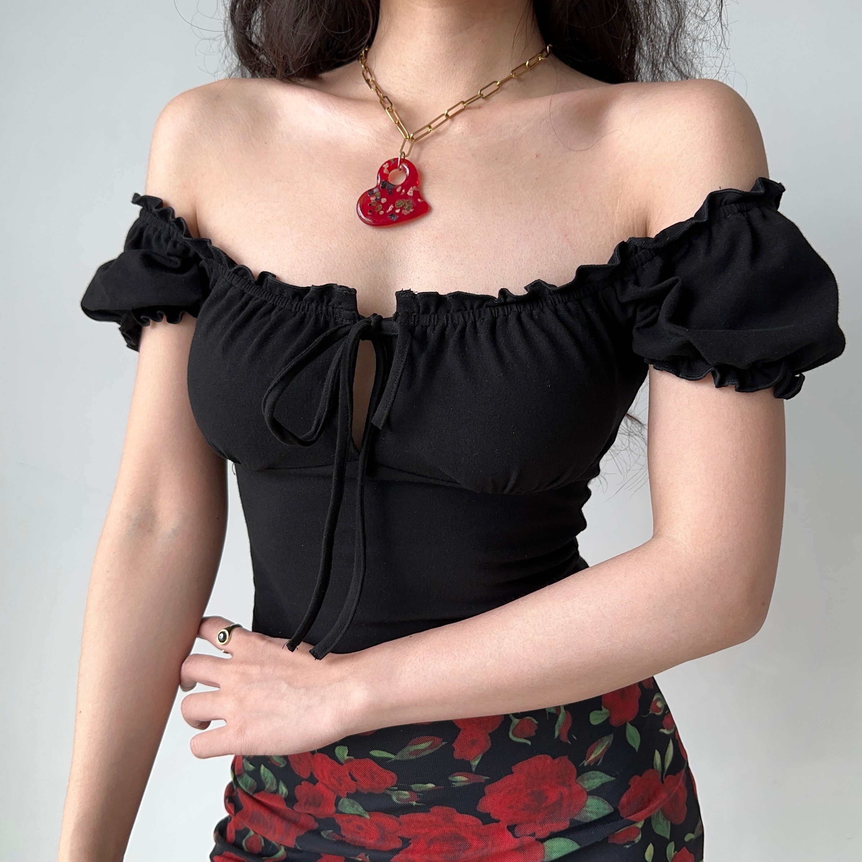 Hollow-Out Lace-Up Square Neck Puff Sleeve Short Sleeve T-Shirt for Women - European & American Style Slim Fit Top