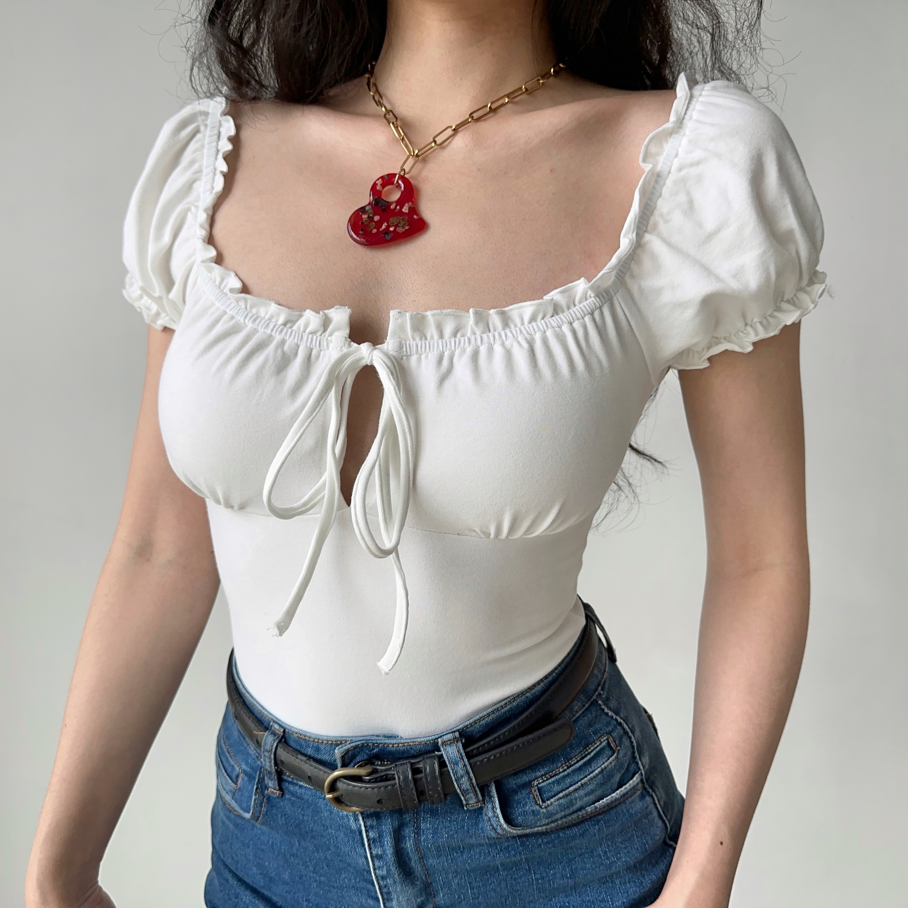 Hollow-Out Lace-Up Square Neck Puff Sleeve Short Sleeve T-Shirt for Women - Slim Fit European American Style Fashion Top