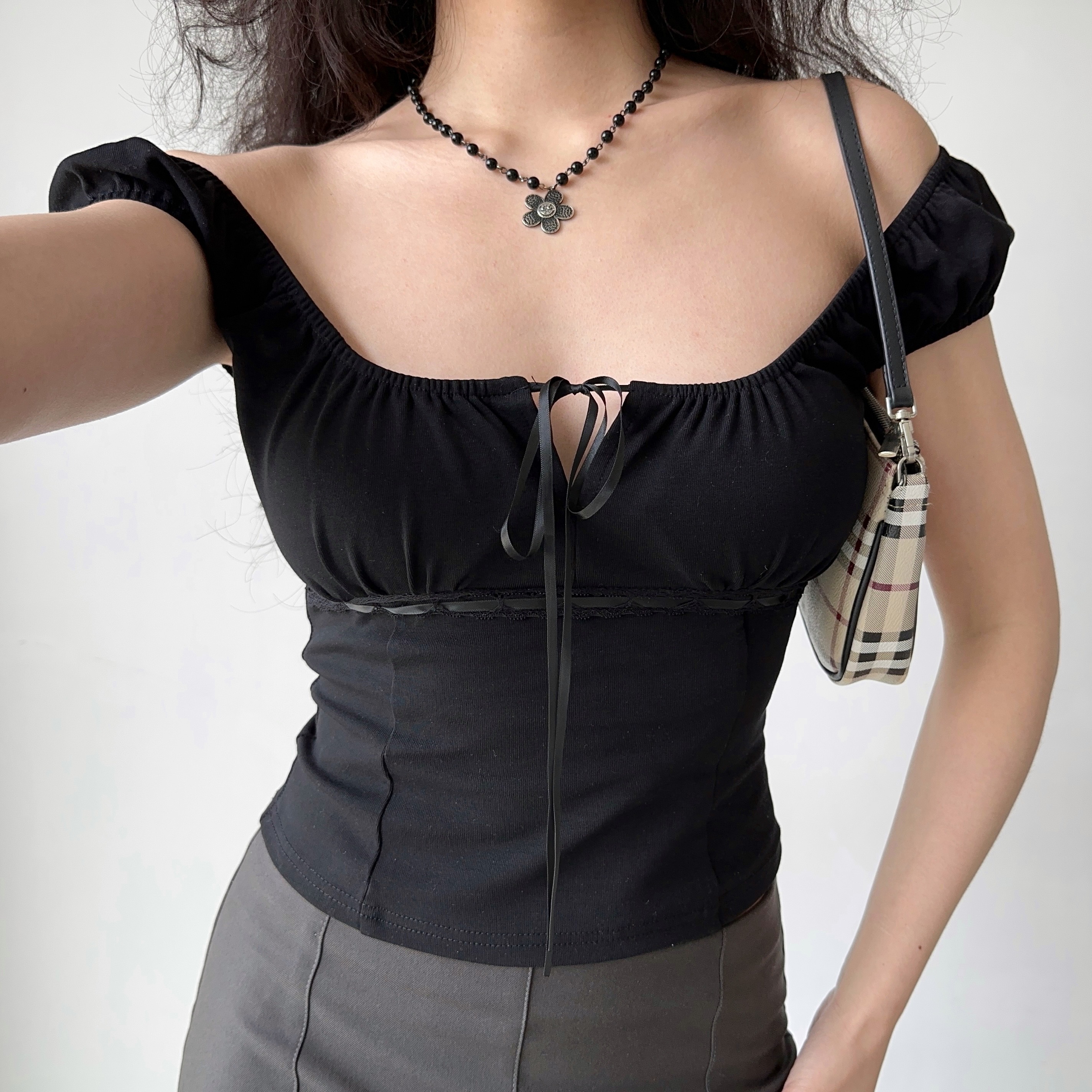 Hollow-Out Lace-Up Square Neck T-Shirt for Women - Slim Fit Sexy Short Sleeve Top in European American Style, Perfect for Summer