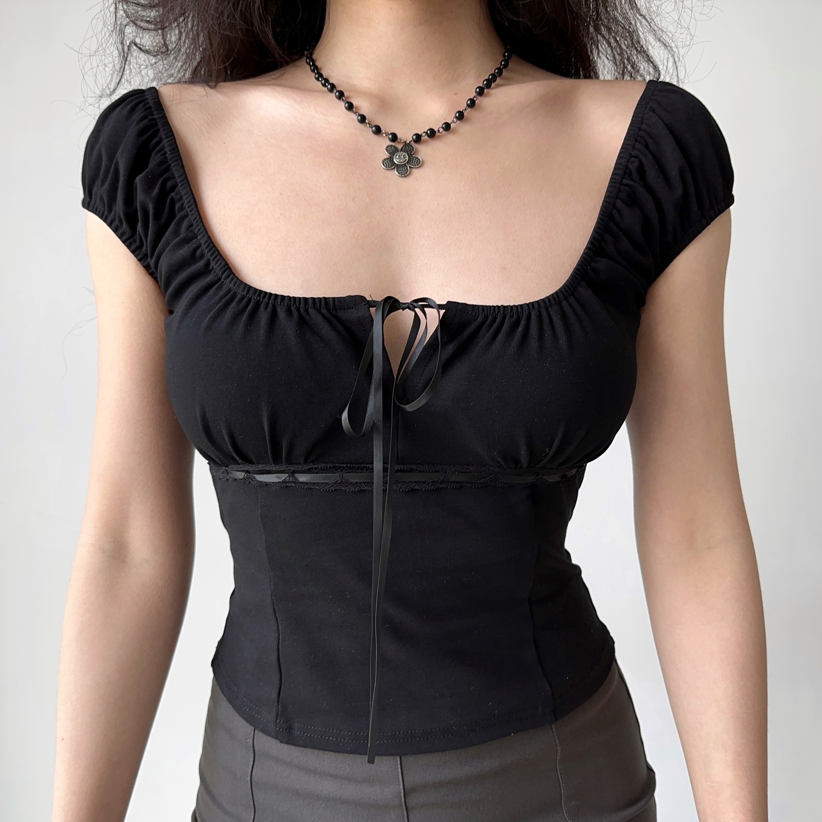 Hollow-Out Lace-Up Square Neck T-Shirt for Women - Slim Fit Sexy Short Sleeve Top in European American Style, Perfect for Summer