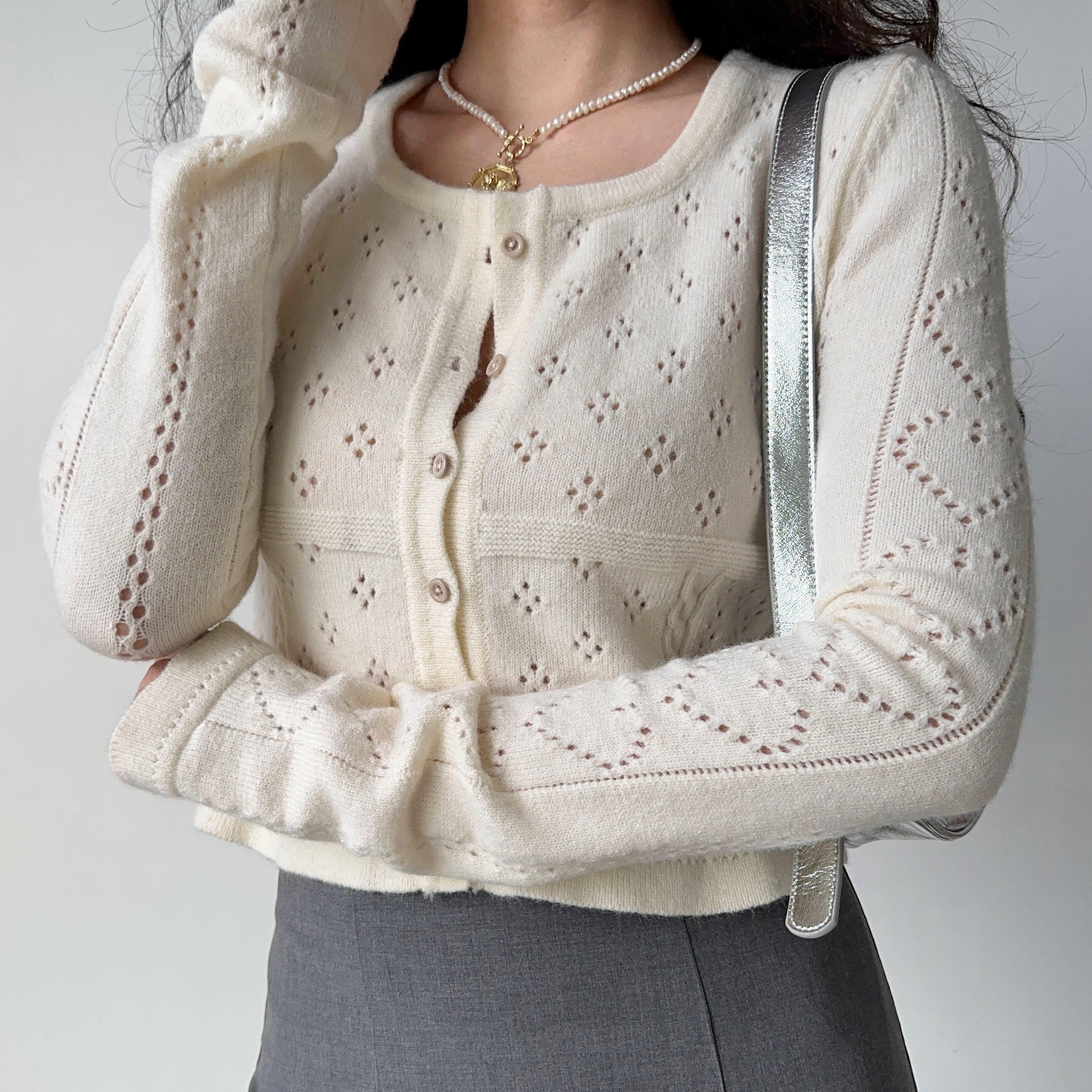 Hollow Square Neck Knitted Cardigan - Women's Slim Fit Short Long Sleeve Top in European American Style, Trendy Y2K Fashion