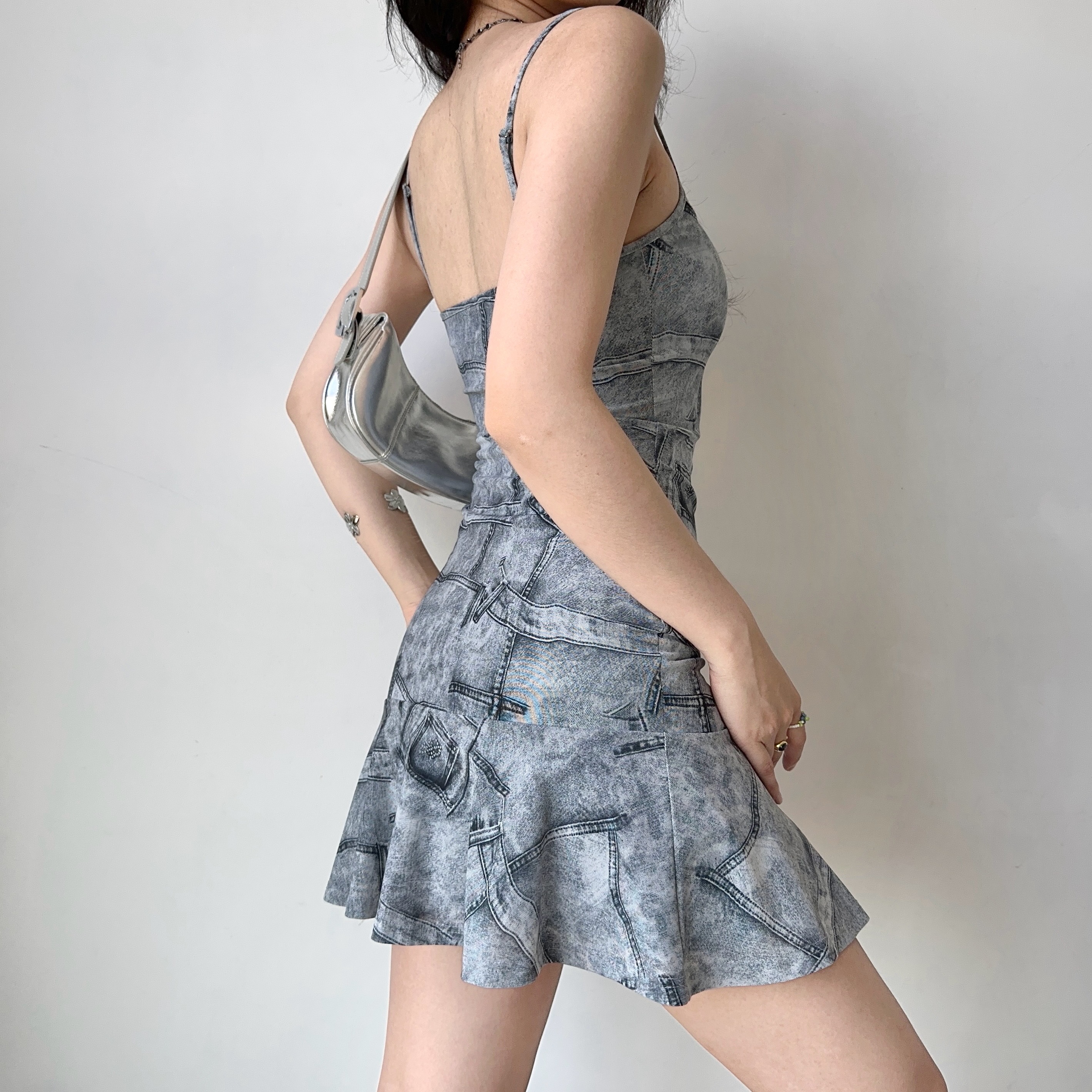 Imitation Denim Printed Dress with Straps, Ruffled Short Skirt, European American Style, Trendy Casual Fashion