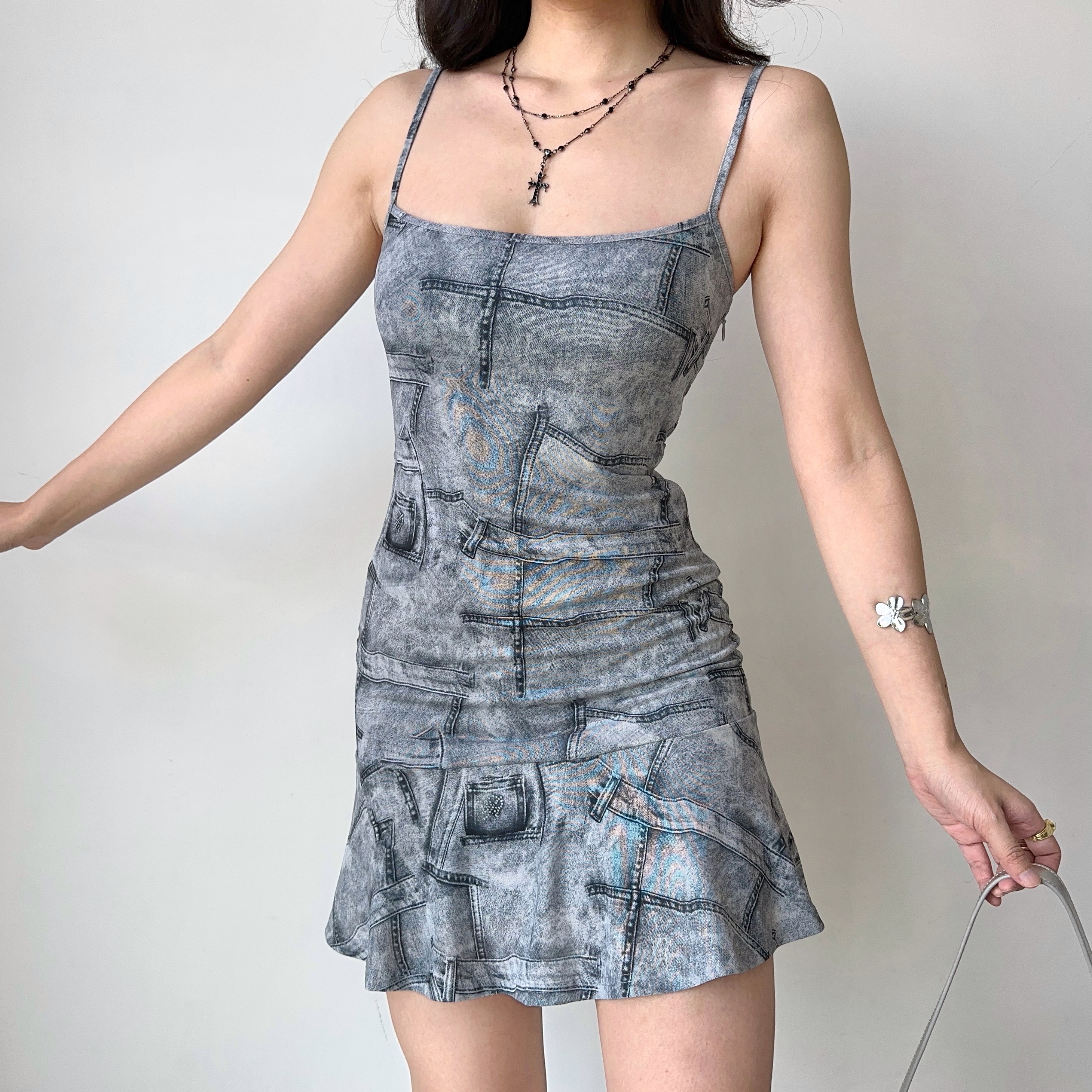 Imitation Denim Printed Dress with Straps, Ruffled Short Skirt, European American Style, Trendy Casual Fashion