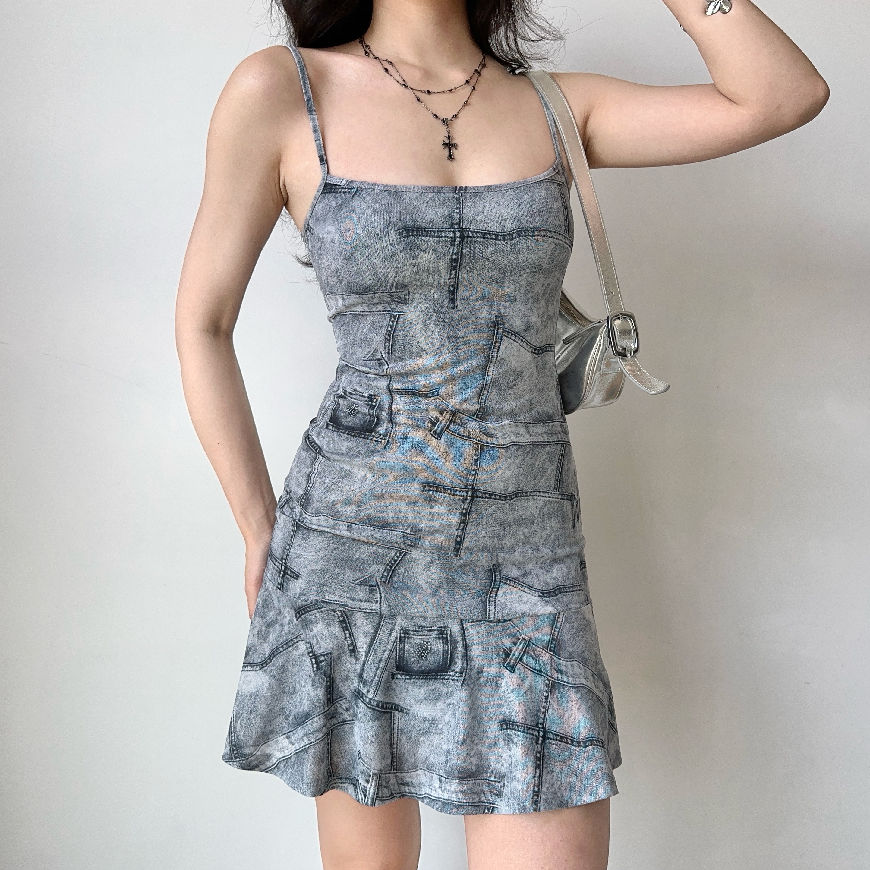 Imitation Denim Printed Dress with Straps, Ruffled Short Skirt, European American Style, Trendy Casual Fashion