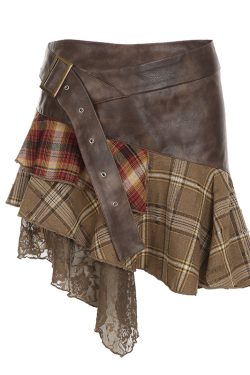 Intricate Spliced Design Half Skirt for Women - Irregular Checkered Pleated Skirt, Chic Wasteland Style