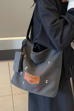 Japanese Harajuku Canvas Bag for Women - 2025 Letter Embroidery, Single Shoulder Crossbody, Lazy Style Commuting Tote