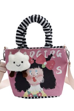 Japanese-Style Summer Canvas Handheld Bucket Bag for Women - Cute Cartoon Design, Versatile Crossbody & Shoulder Bag