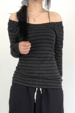 Korean Aesthetic Striped One-Shoulder Sheer Long Sleeve T-Shirt Top for Women - Lightweight Versatile Fashion Essential