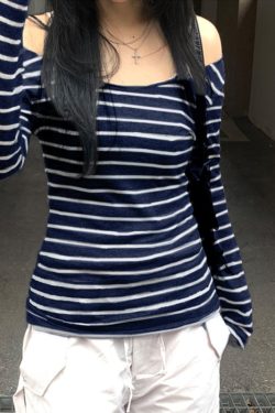 Korean Aesthetic Striped One-Shoulder Sheer Long Sleeve T-Shirt Top for Women - Lightweight Versatile Fashion Essential